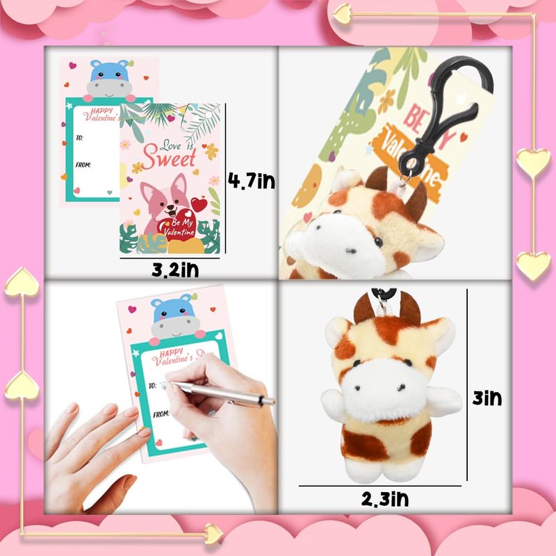 24PCS Valentines Day Cards with Small Stuffed Animals Plush Toys Set, Little Mini Stuffed Animal Keychain Valentine Exchange Cards for Kids Classroom School Exchange Prize, Valentines Day Gifts