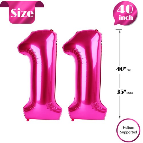 Hot Pink Number 11 Balloons 40 inch, 11 Number Balloons, 11th Birthday Decorations for Girls 11 Year Old Hot Pink Party Supplies