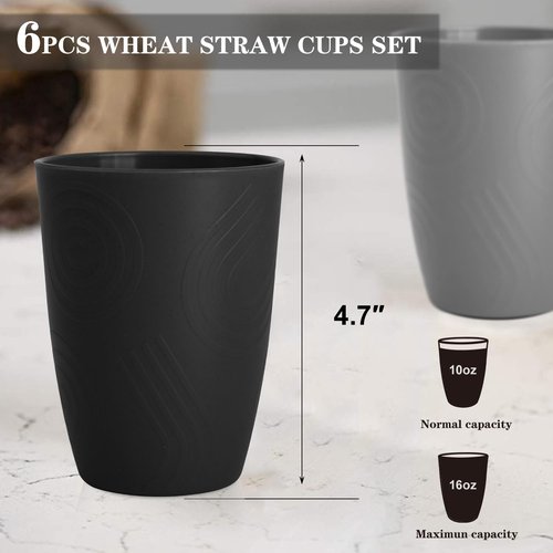 Homienly Premium Wheat Straw Cups Set of 6, Reusable 16oz Water Glasses Lightweight and Unbreakable Drinking Cups,Alternative Plastic Cup Dishwasher Safe Cups for Home and Outdoor - GreyStone