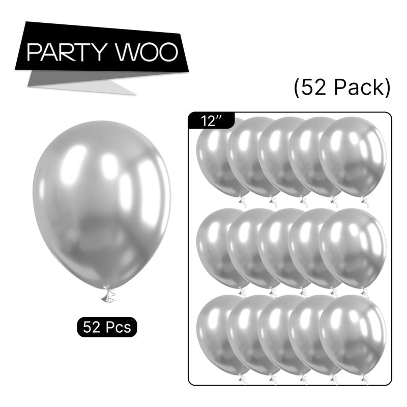 PartyWoo Metallic Silver Balloons 52 pcs 12 Inch Chrome Silver Latex Balloons for Graduation New Year Wedding Baby Shower Gender Reveal Bachelorette Anniversary Birthday Party Decorations Silver-G102
