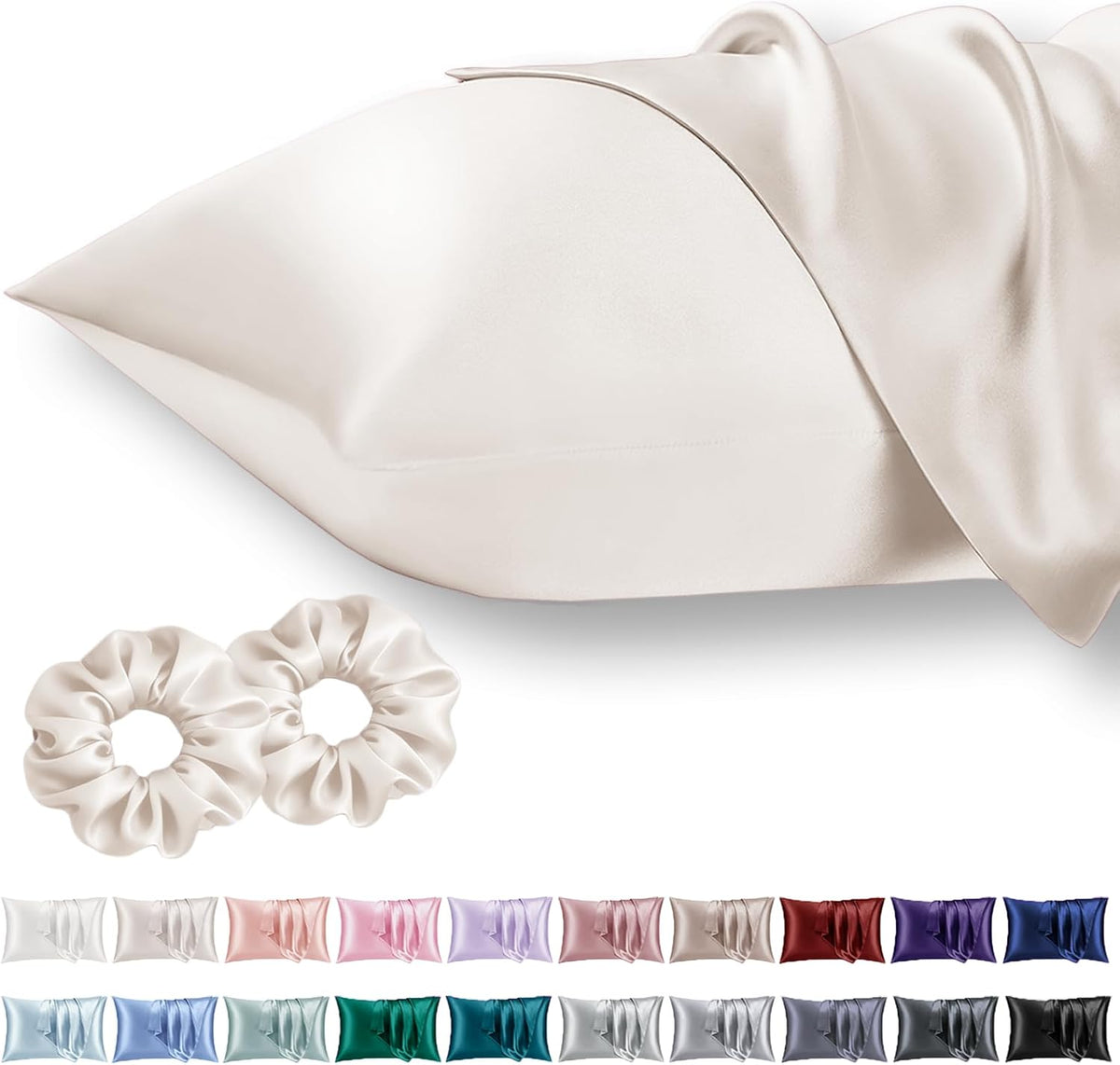 Skiennix Queen Satin Pillowcase Set - Luxurious Hair Care | 2 Beige 20x30 Cases with Scrunchies