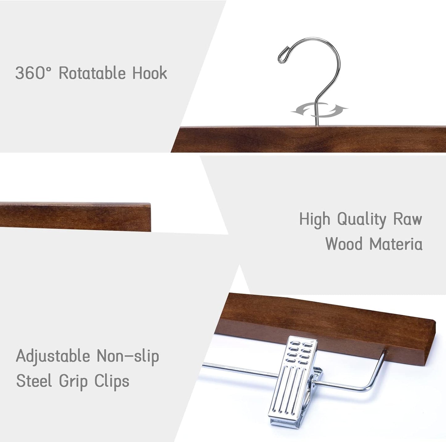 Nature Smile Wooden Pants Hangers with Clips - 10 Retro-Style Trousers Holders