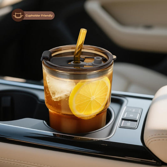 Zukro 13 oz Glass Iced Coffee Cups with Lid and Straw, Leak Proof Glass Tumbler for Ice Tea, Water, Non-Slip Silicone Bottom, Thick Wall Drinking Glasses for Home/Office, BPA Free, Amber 2 Pack