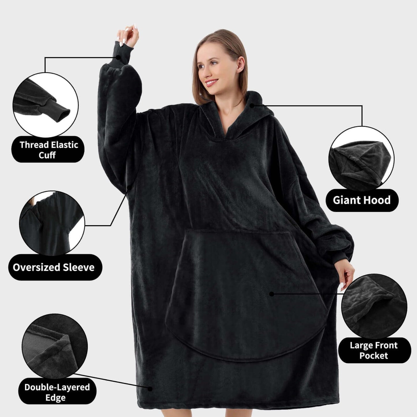 FestiCorp Oversized Blanket Hoodie for Adults - Extra Long Wearable Sweatshirt with Giant Sleeve, Hood and Pocket Black