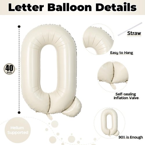 Cream Q 40 Inch Alphabet Foil Name Balloon - Large Self Inflating Letter for Girls Birthday Party, Baby Shower Decoration - White Sand Mylar Helium Custom Beige