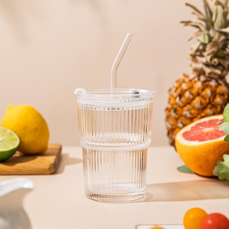 SoulTimes 13oz Glass Tumblers with Lids and Straws, Set of 2 - Stylish Ribbed Design Drinking Glasses for Iced Coffee, Juice, Smoothies, Cold Beverages, Includes Cleaning Brush, Durable Glassware