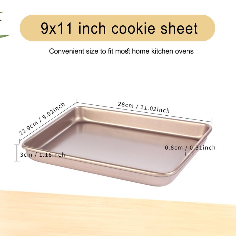 Barlket Small Cookie Sheet Pan 9x11 Inch, Nonstick Baking Tray 2-Pack, 0.8mm Thick Heavy Duty Carbon Steel, Gold – Oven Safe, Easy Clean, Bakeware Sets for Cookies, Roasting