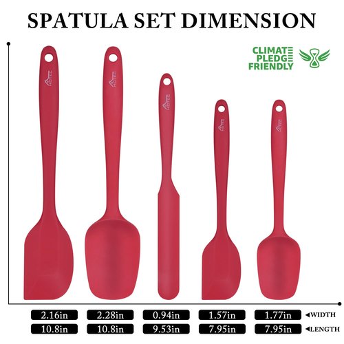 HOTEC Heat Resistant 600℉ BPA-Free Silicone Rubber Spatula Set, Kithchen Cooking Spatulas, Baking, Mixing, for Non Stick Cookware, Dishwasher Safe, Red Set of 5