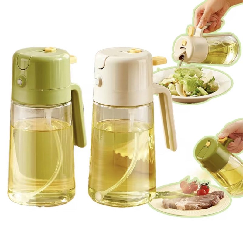 BEAUTIVANA 16oz/470ml Glass Olive Oil Sprayer for Cooking with Stickers, 2 in 1 Oil Dispenser for Kitchen Gadgets, Food Grade Premium Spray Bottle with Portion Control for Salad, Frying, BBQ (Green)