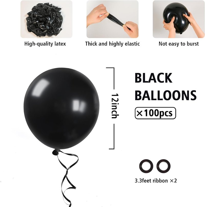 BAUANOOY 100pcs Black Balloons 12 inch, Black Latex Balloons with Ribbon for Graduation Birthday Party Decorations