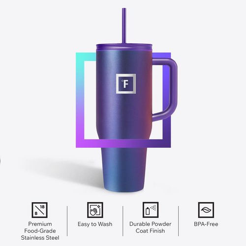 IRON °FLASK Co-Pilot Insulated Mug w/Straw & Flip Cap Lids - Cup Holder Bottle for Hot, Cold Drink - Leak-Proof - Water, Coffee Portable Travel Mug - Burgundy, 40 Oz