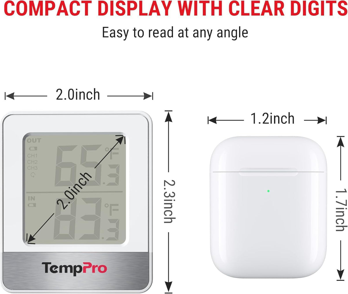 TempPro Wireless Indoor Outdoor Thermometer - 500FT Range Temperature Monitor for Home & Greenhouse