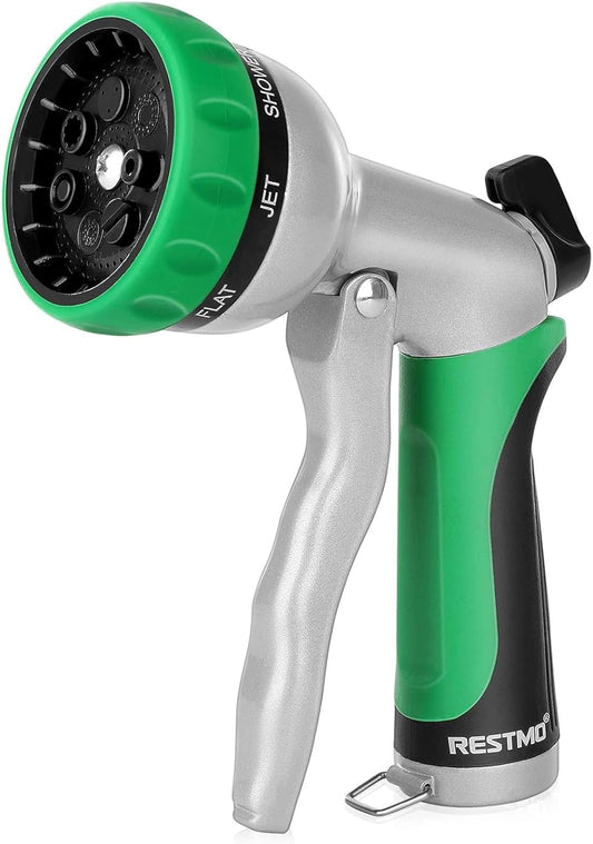 RESTMO Heavy Duty Metal Garden Hose Nozzle - 7 Adjustable Spray Patterns for Efficient Watering & Cleaning