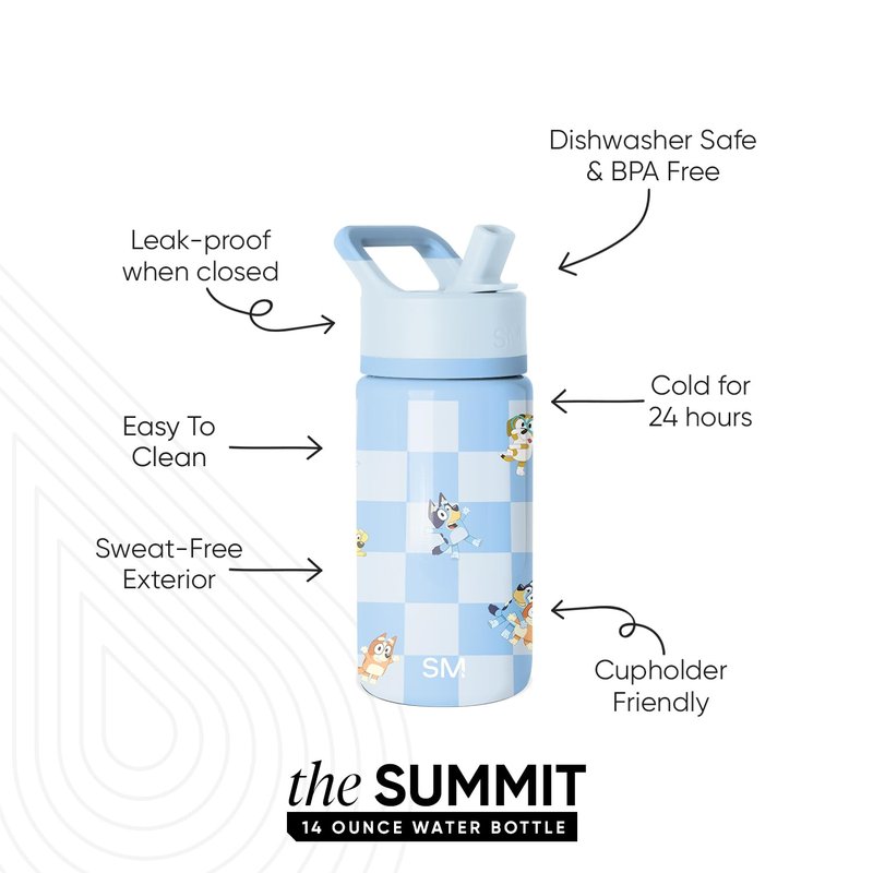 Simple Modern Kids Summit Water Bottle with Straw Lid | Bluey 14oz Stainless Steel Cup Insulated Tumbler for Toddlers, School| Bluey Checkmate