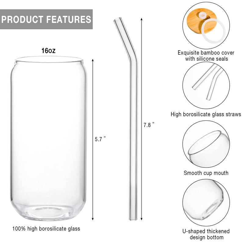 Kxuhivc 1 Pack Glass Cup, 16oz Drinking Glass with Bamboo Lid and Straw, Beer Tumbler for Mojito Soda Smoothies Whiskey Iced Coffee Cocktail Tea Juice
