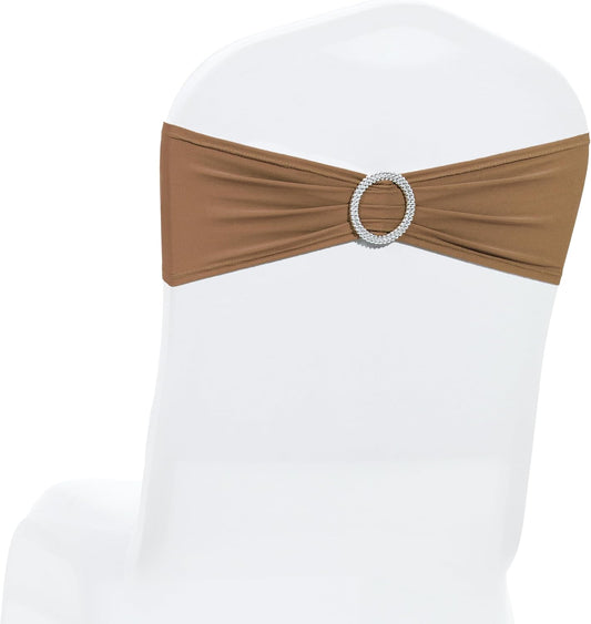 MDS Premium Spandex Chair Sashes - Stretchy Bow Covers with Buckle Slider | Universal Fit for Weddings & Events - Mocha (Pack of 100)