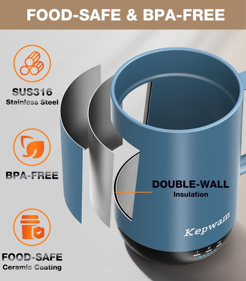 Kepwam Self-Heating Coffee Mug T1-16oz, Fast Heating Rechargeable Heated Coffee Mug, Smart Mug with App & Button Control, Ideal Gift for Coffee Lovers & Hot Drink Enthusiasts
