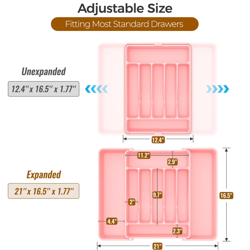 ukeetap Extra Large Expandable Silverware Organizer, BPA-Free Food-Safe Cutlery Flatware Organizer, Kitchen Utensil Drawer Organizer, Adjustable Silverware Holder for Spoons Forks Knives, Pink
