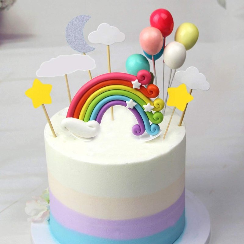 Palksky Colorful Rainbow Cake Topper/Wedding Cake Flags/Cupcake Picks Set -Include Cloud Balloon Moon Stars/Boy Girl Kid Birthday Baby Shower Party Baking Decoration Supplies