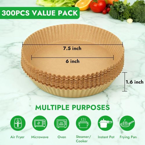 BYKITCHEN 300PCS Air Fryer Liners - Round Parchment Paper for 2 to 5QT Air Fryers | Compatible with Ninja, CHEFMAN, Cosori & More