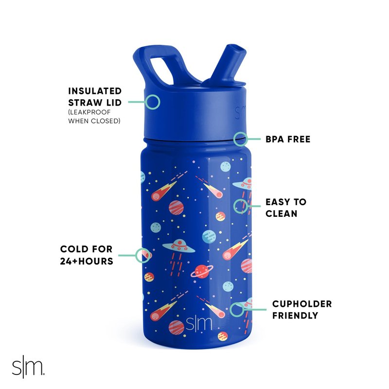 Simple Modern Kids Water Bottle with Straw Lid | Insulated Stainless Steel Reusable Tumbler for Toddlers, Boys | Summit Collection | 14oz, Galactic Games