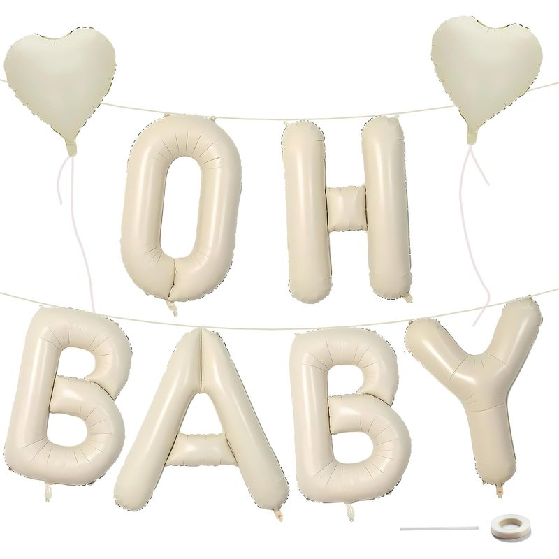 Baby Shower Decorations 8 Set 40 Inch OH BABY Letter Heart Balloons Giant Ice Cream White Foil Balloon Alphabet Banner for Gender Reveal Boho Decor Boy and Girl Neutral Ivory Backdrop Party Decoration