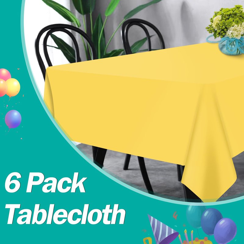 tujol Yellow 6 Pack Plastic Table Cloth 54" x 108", Disposable Tablecloths Rectangle Table Cover, Plastic Tablecloths for Parties