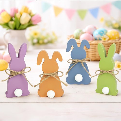 Easter Decorations - Wooden Bunny Peeps Signs 4PCS, Spring Decor with Hemp Rope for Home Table Tiered Tray, Easter Freestanding Centerpiece for Indoor Mantel Shelf Office Party Gifts Basket Stuffers