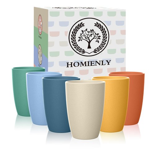 Homienly Water Cups Wheat Straw Drinking Glasses Cups 12oz Unbreakable Cups,Microwave and Dishwasher Safe Cup Set,6 PCS Stackable Cups for Kitchen,Camping-Colorful