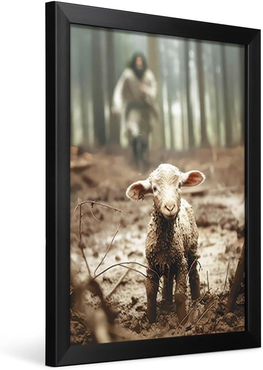 TUXVAKY Framed Christian Wall Art - Jesus Running After Lost Lamb Canvas Decor | 8"x10" Inch