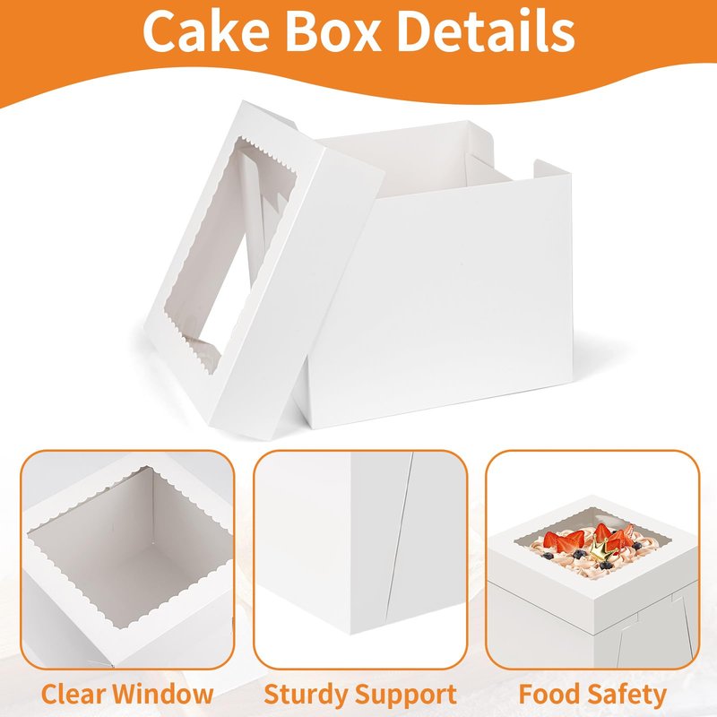 WINKIO 10 Inch Cake Box with Cake Boards, 2 Pack Disposable Cake Carrier, Cakes Transport Container, White Bakery Holder with Window, for Cookies Pies Cupcakes Pastry (10×10×8 Inches)