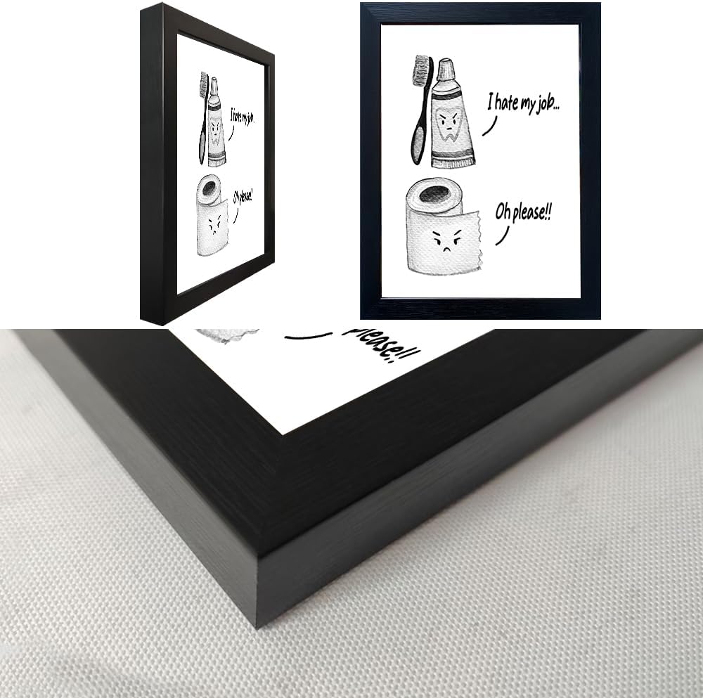 Skiennix Kids Bathroom Decor - Black and White Framed Art Print | Funny Toilet Paper & Toothbrush Design