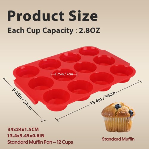 Jalopink 2-Pack Silicone Muffin Pan for Baking – Standard 12-Cup Nonstick Cupcake Pan with Handle, Food-Grade Certified, Odorless, BPA-Free, Silicone Baking Mold for Muffins, Egg Bites, Cupcakes