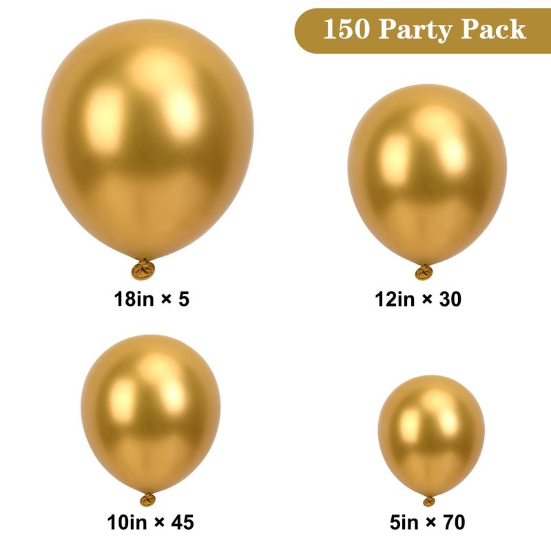 APLANET 150pcs Gold Balloons Different Sizes 18 12 10 5 Inch, Happy New Year Latex Balloons for Gold Themed Birthday Wedding Baby Shower Party, Grad Anniversary Supplies, Arch Kit Decoration