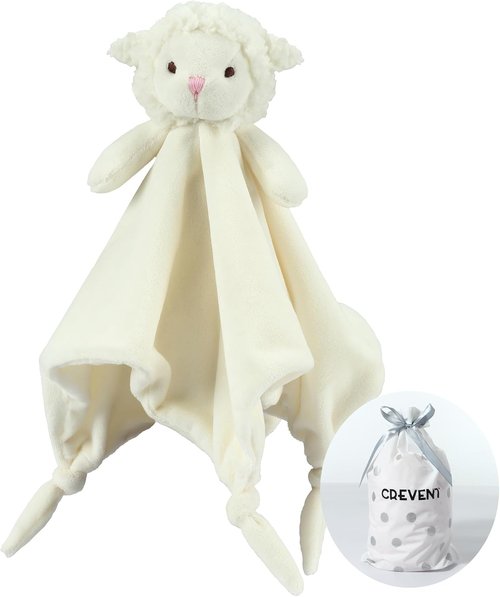 CREVENT Cozy Plush Baby Security Blanket - Soft Minky Lovey with Animal Face (Ivory Sheep)