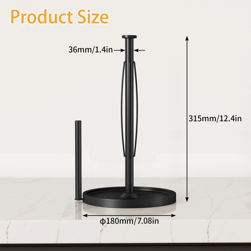 Paper Towel Holder Countertop, Stainless Steel Paper Towel Holder for Kitchen Roll Dispenser, Freestanding Paper Towel Holders with EVA Non Slip Base, Black
