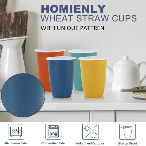 Homienly Wheat Straw Cups,Unbreakable Drinking Glasses 16oz,6-Pack Dishwasher Safe Cups with Lids for Parties,Beach-Colorful