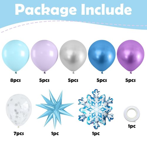 Frozen Balloons, Blue Silver Purple Clear Balloons with Snowflake Balloon for Winter Frozen Birthday Snow Party Baby Shower Wedding Backdrop Decorations