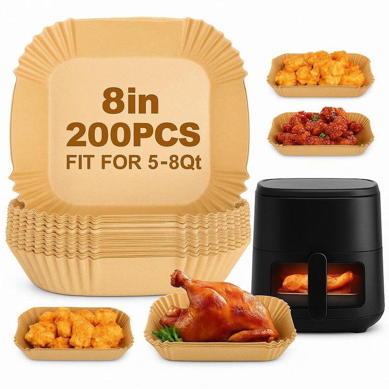 200 Pack 8 Inch Square Air Fryer Liners, Disposable Unbleached Parchment Paper, Non-Stick & Leakproof, Heat Resistant Baking Paper for Air Fryer & Oven