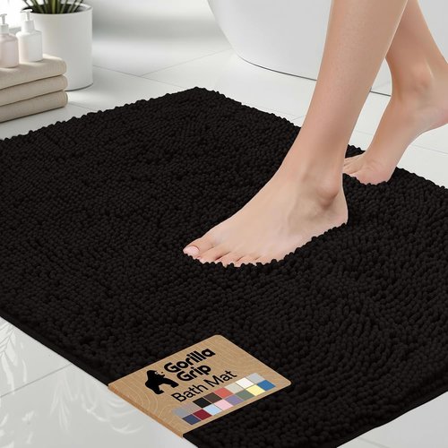 GORILLA GRIP Bath Rug Mat - Thick Soft Absorbent Chenille | Quick-Dry Microfiber, 24x17, Black