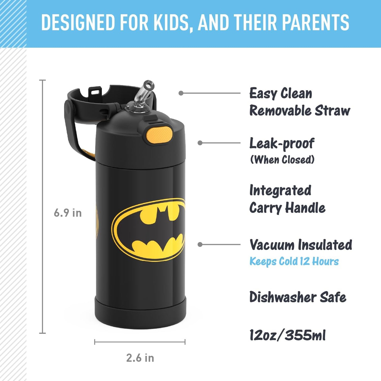 THERMOS FUNTAINER Water Bottle - 12 Ounce Kids Stainless Steel Vacuum Insulated with Straw - Batman Design
