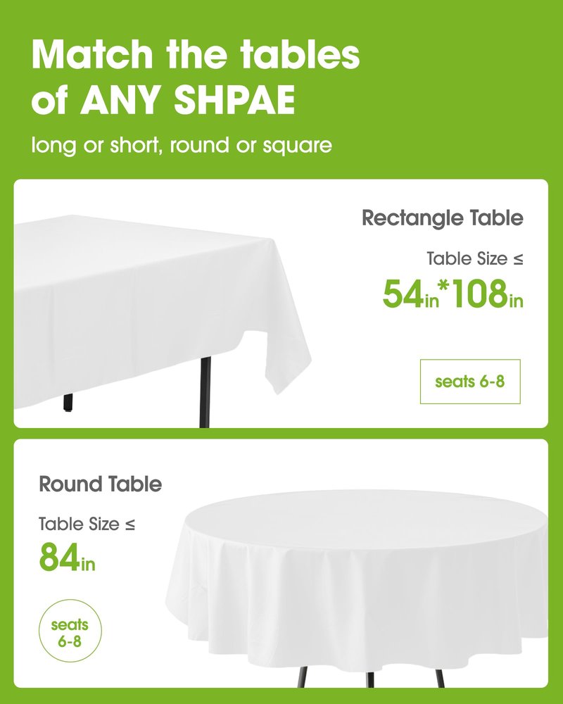 Pureegg Plastic Table Cloth Disposable 8 Pack, 84'' Round Table Cloths, Party, Picnic, Wedding, Decorative Tablecloths, Round, White Plastic Cover, Leakproof & Sturdy, White