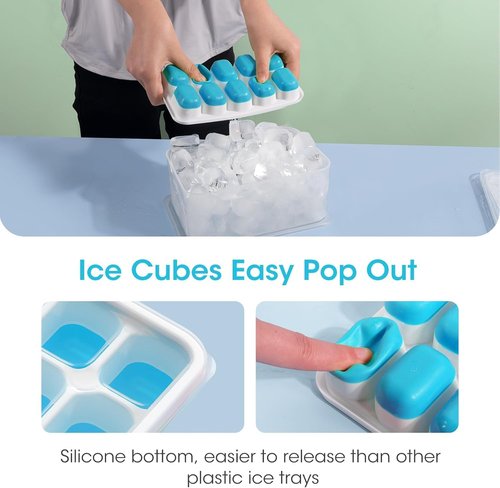 DOQAUS Ice Cube Tray - Stackable Silicone Trays with Lid & Bin for Freezer | 4 Pack with Scoop
