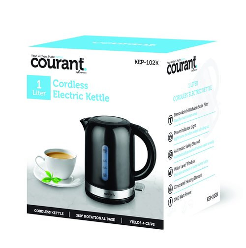 Courant 1-Liter Electric Kettle Cordless with LED Light, 1000W Power, Automatic Safety Shut-Off, Perfect for Tea/Coffee/Hot Chocolate/Soup/Hot Water, Black Color
