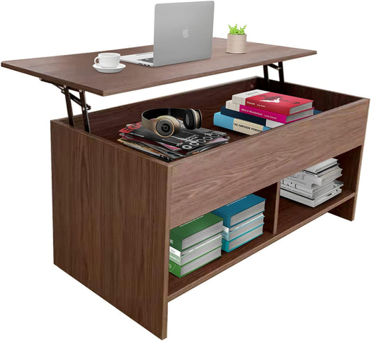 Skiennix Lift Top Coffee Table - Modern Pop-Up Design with Hidden Compartment & Storage Shelf | Brown