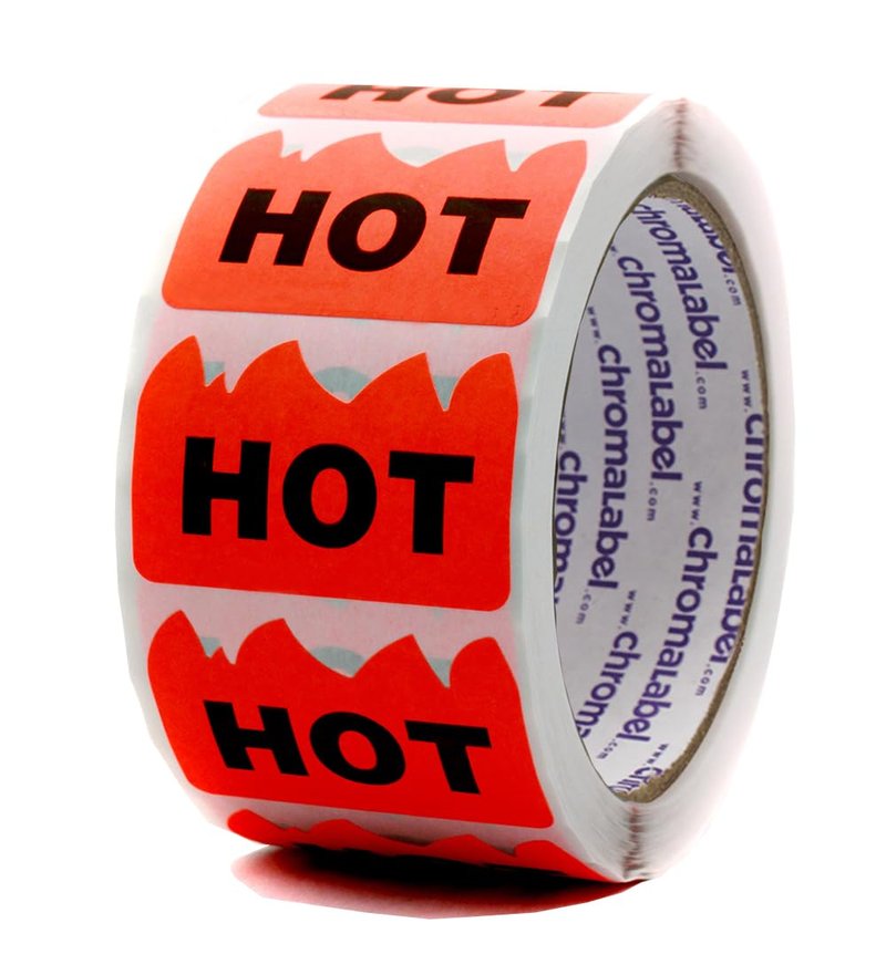 ChromaLabel 2 x 1.25 Inch Fluorescent Red Orange Hot Stickers, Caution Hot Sticker, 500 Hot Rave Stickers per Roll