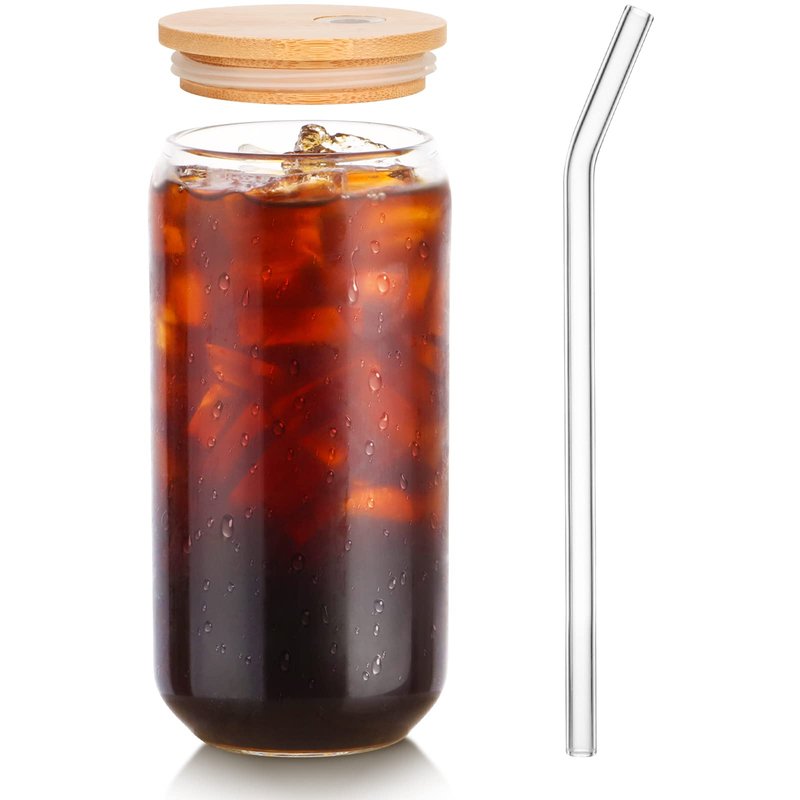 Kxuhivc 1 Pack Glass Cup, 16oz Drinking Glass with Bamboo Lid and Straw, Beer Tumbler for Mojito Soda Smoothies Whiskey Iced Coffee Cocktail Tea Juice