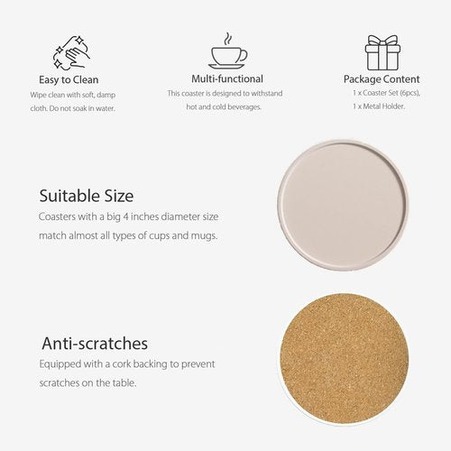 Hoomey Set of 6 Beige and Blue Coasters with Holder, Absorbent Ceramic Drink Coasters with Cork Backing for Table Protection, Table Decor, Housewarming Gifts