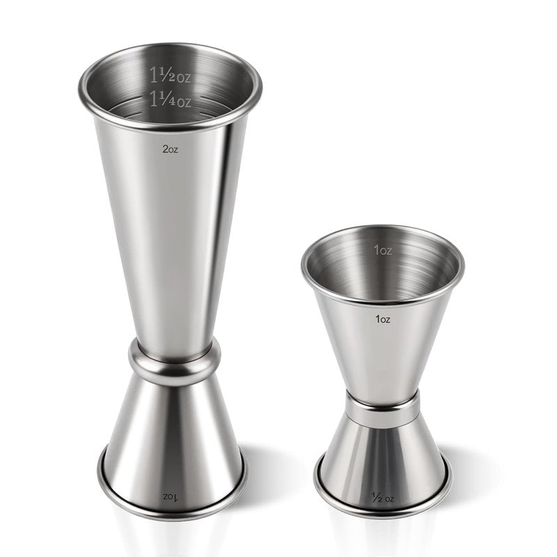 2-Pack Stainless Steel Cocktail Jiggers – Japanese Style Double Measuring Cups for Bartending (1oz/2oz + 0.5oz/1oz)