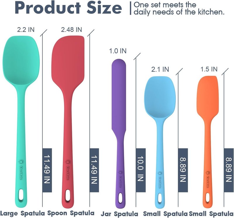 ChefAide 5 Pieces Silicone Spatula Set, Food Grade Rubber Spatula, Upgrade Strong Handle with Ergonomic Grip, Heat Resistant Up to 600°F for Nonstick Cookware, Cooking